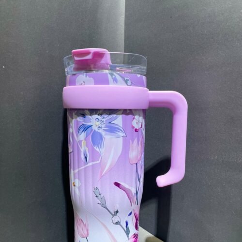 WhatsApp Image 2026-08-16 at 1.20.49 PM (12) Floral Print Handle Stainless Steel Tumbler – Pink
