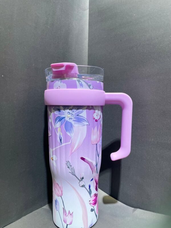 Floral Print Handle Stainless Steel Tumbler – Pink