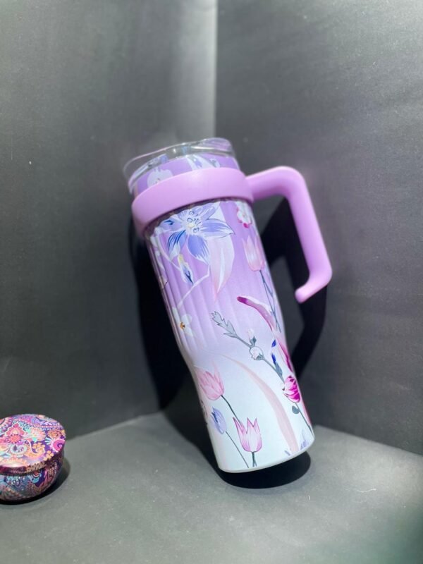 Floral Print Handle Stainless Steel Tumbler – Pink